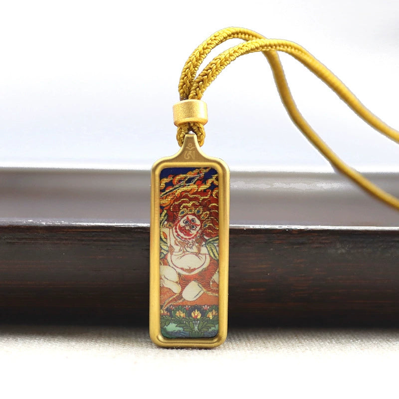 Acala (Fudo Myo-o) - Mini Rectangular Gold Tibetan Thangka Pendant – Sacred Protection Amulet (Gold-Leaf Decorated)