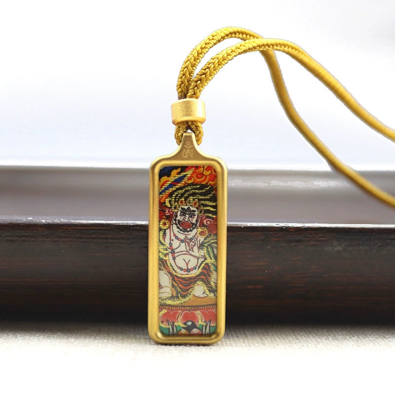 Acala (Fudo Myo-o) - Mini Rectangular Gold Tibetan Thangka Pendant – Sacred Protection Amulet (Gold-Leaf Decorated)
