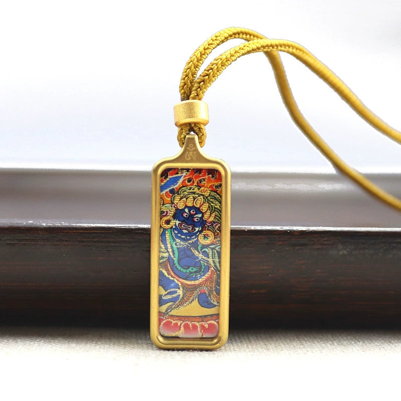 Acala (Fudo Myo-o) - Mini Rectangular Gold Tibetan Thangka Pendant – Sacred Protection Amulet (Gold-Leaf Decorated)