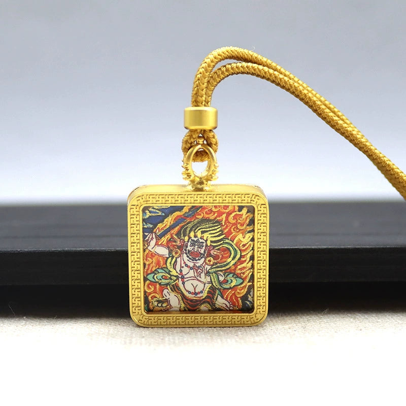 Acala (Fudo Myo-o) - Mini Square Gold Tibetan Thangka Pendant – Sacred Protection Amulet (Gold-Leaf Decorated)