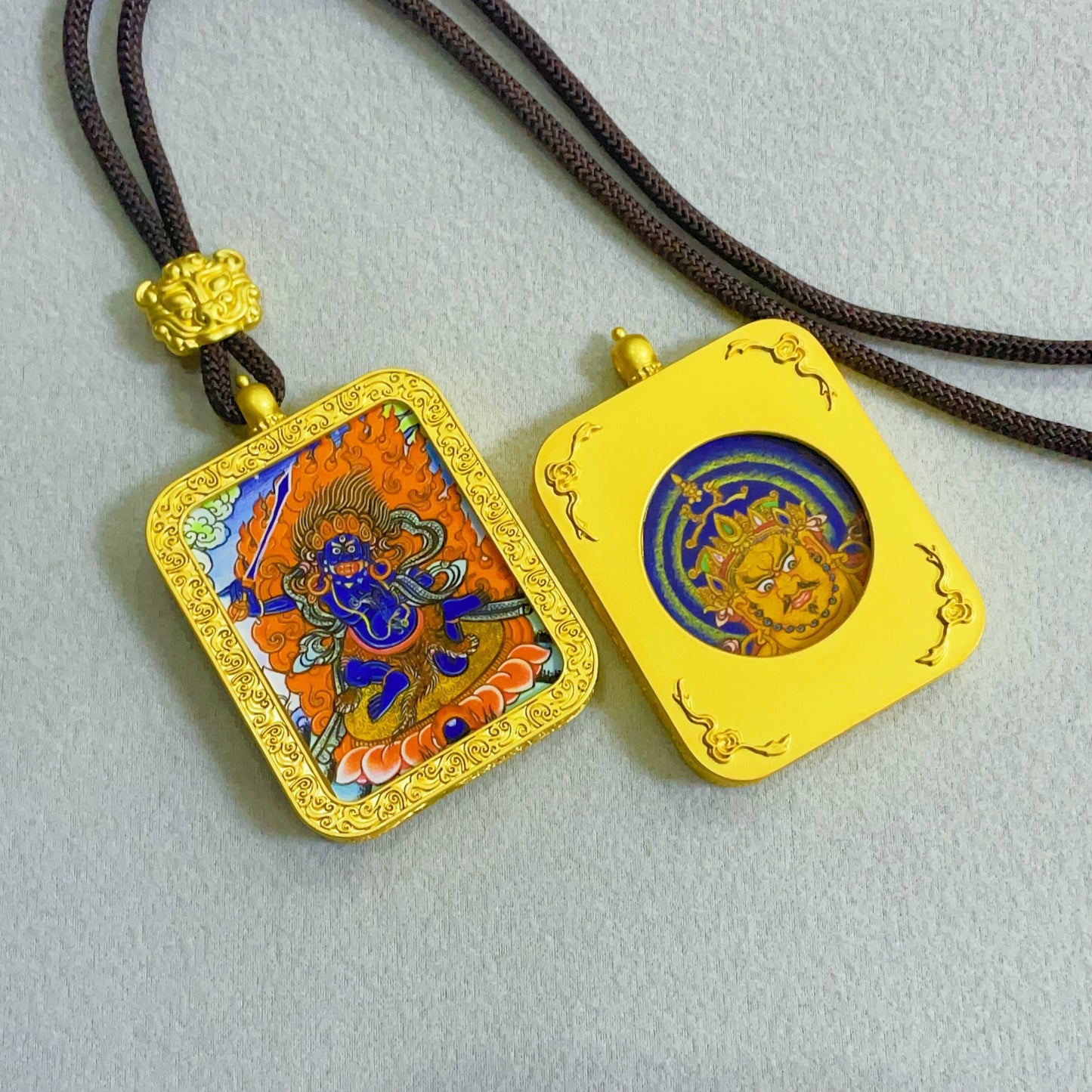 Acala (Fudo Myo-o) - Reversible Handmade Thangka Amulet Pendant (Golden Edition)