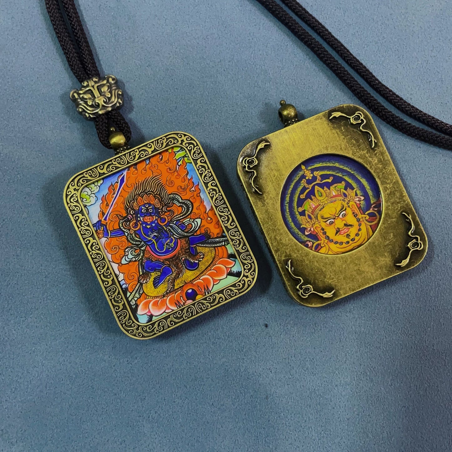Acala (Fudo Myo-o) - Handmade Tibetan Thangka Amulet Pendant (Antique Bronze)