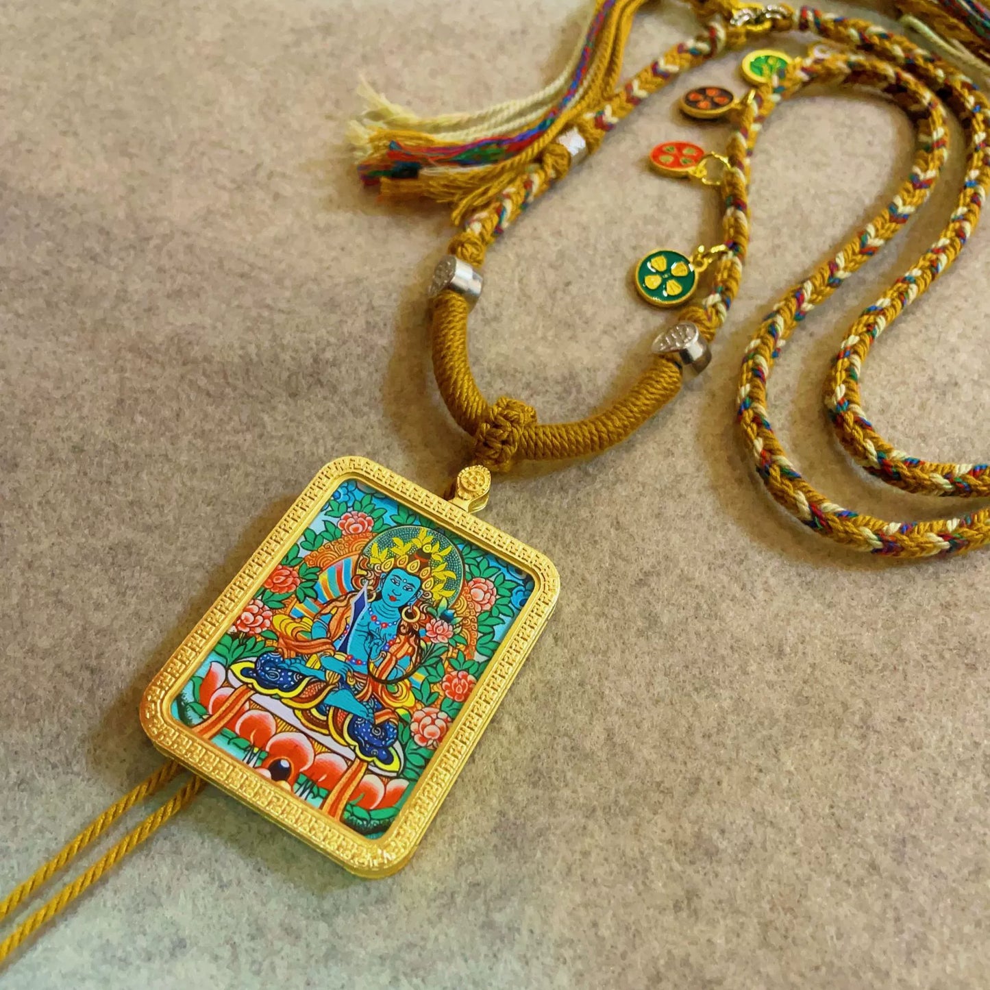 Akasagarbha Bodhisattva - Handcrafted Gold Tibetan Thangka Necklace with Soft Yarn Cord