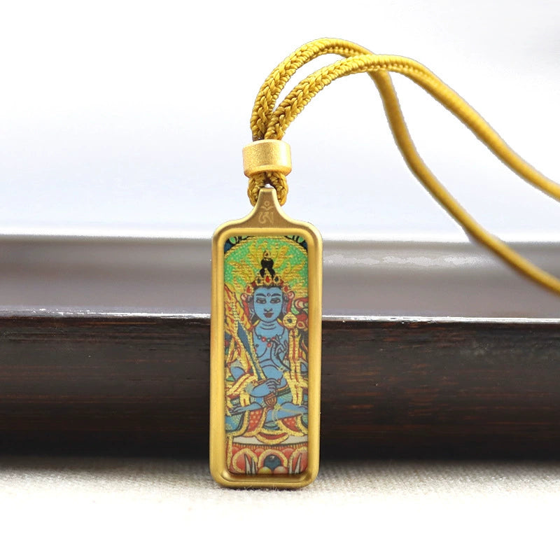 Akasagarbha Bodhisattva - Mini Rectangular Gold Tibetan Thangka Pendant – Sacred Protection Amulet (Gold-Leaf Decorated)