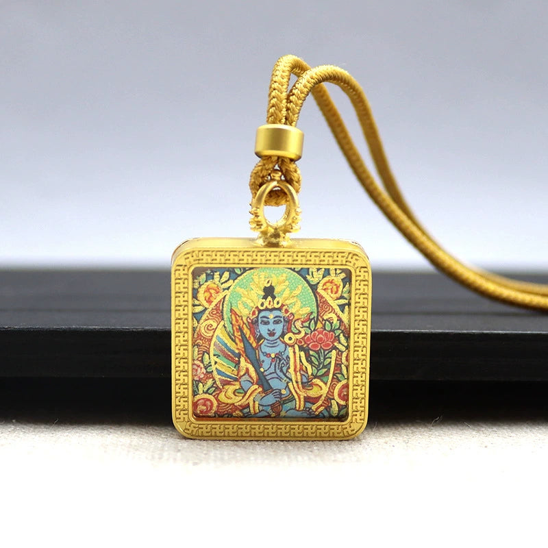 Akasagarbha Bodhisattva - Mini Square Gold Tibetan Thangka Pendant – Sacred Protection Amulet (Gold-Leaf Decorated)