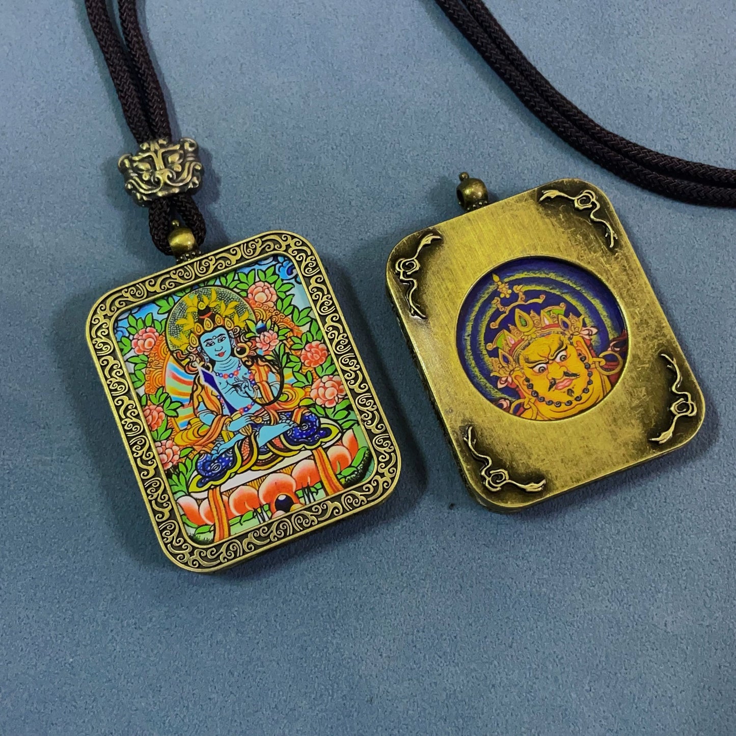 Akasagarbha Bodhisattva - Handmade Tibetan Thangka Amulet Pendant (Antique Bronze)