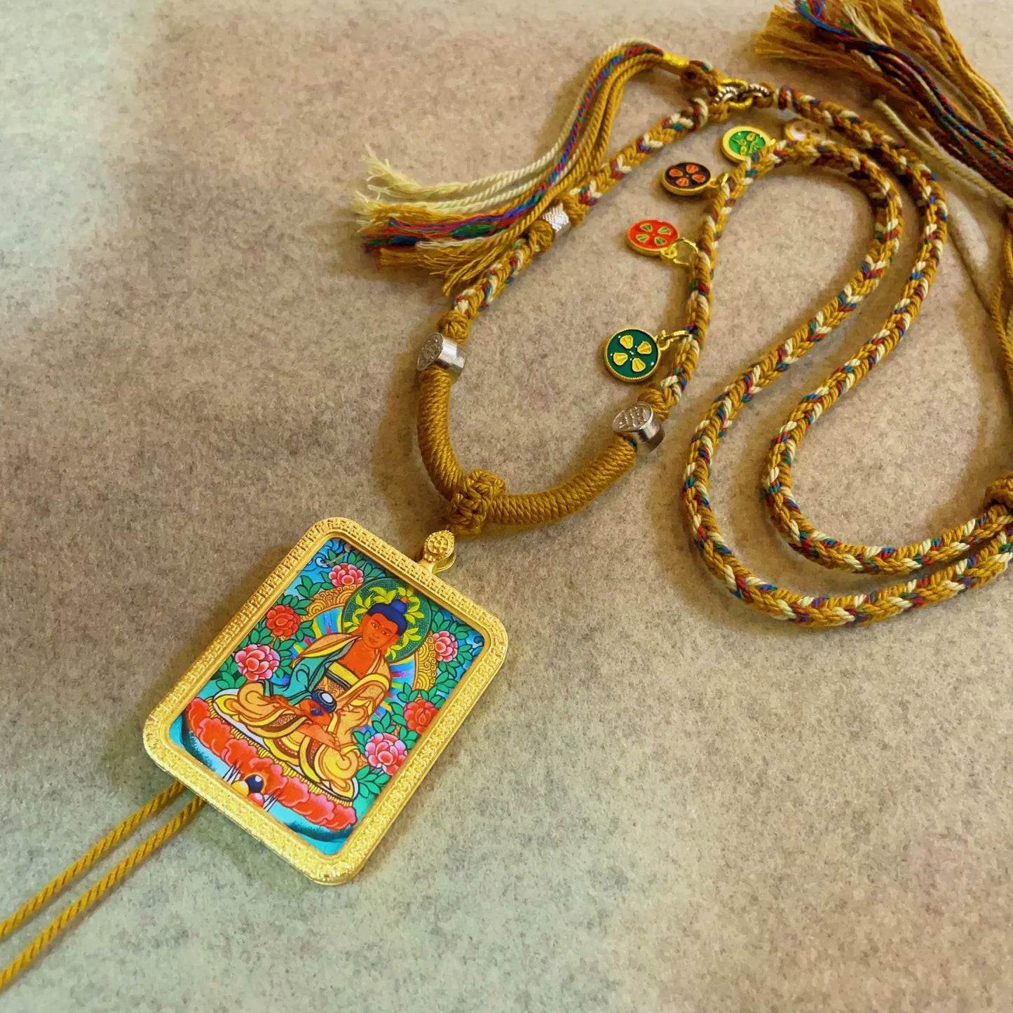 Amitabha Buddha - Handcrafted Gold Tibetan Thangka Necklace with Soft Yarn Cord