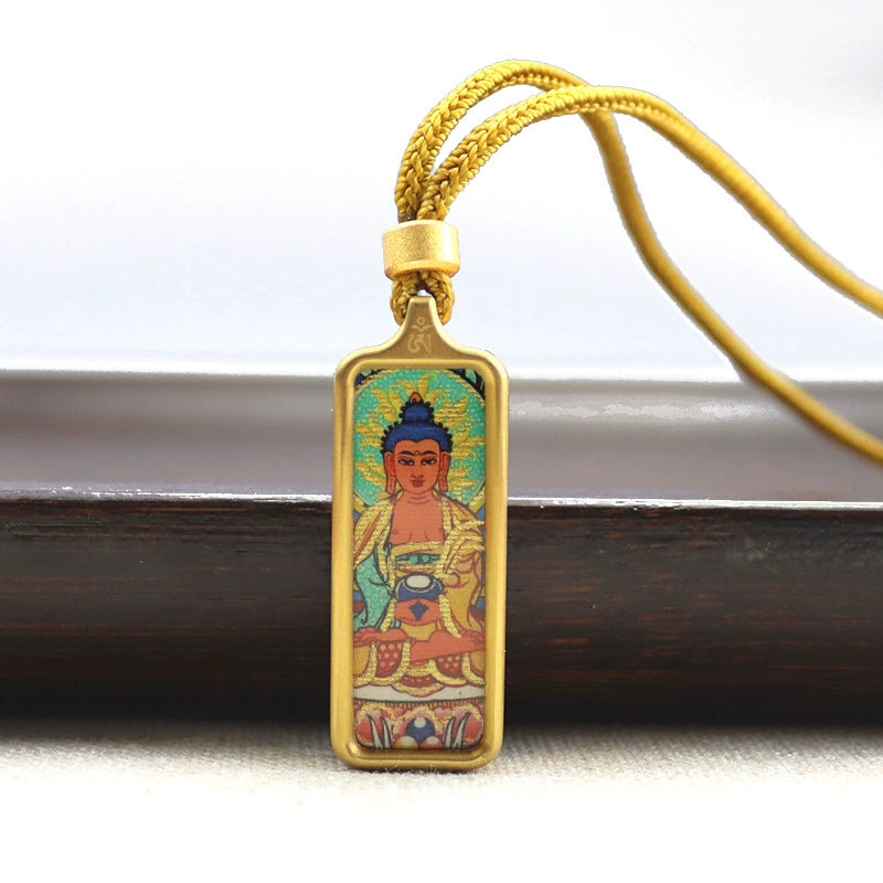 Amitabha Buddha - Mini Rectangular Gold Tibetan Thangka Pendant – Sacred Protection Amulet (Gold-Leaf Decorated)