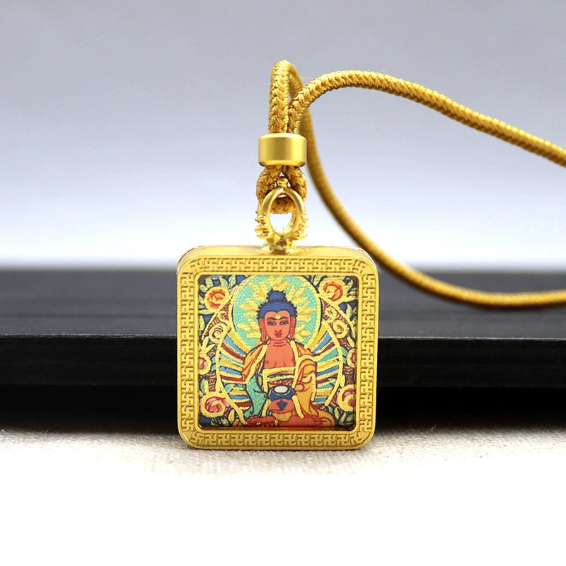 Amitabha Buddha - Mini Square Gold Tibetan Thangka Pendant – Sacred Protection Amulet (Gold-Leaf Decorated)