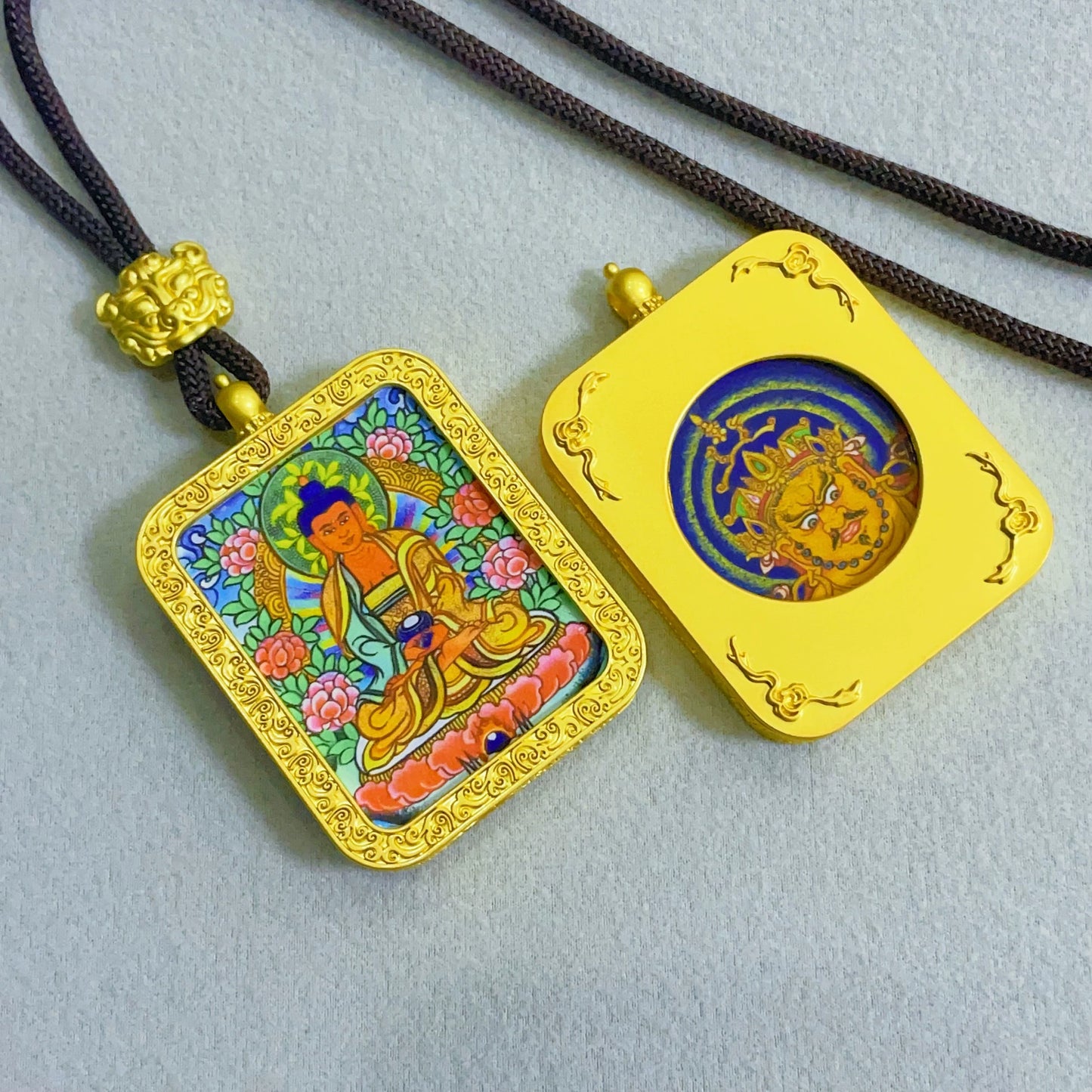 Amitabha Buddha - Reversible Handmade Thangka Amulet Pendant (Golden Edition)