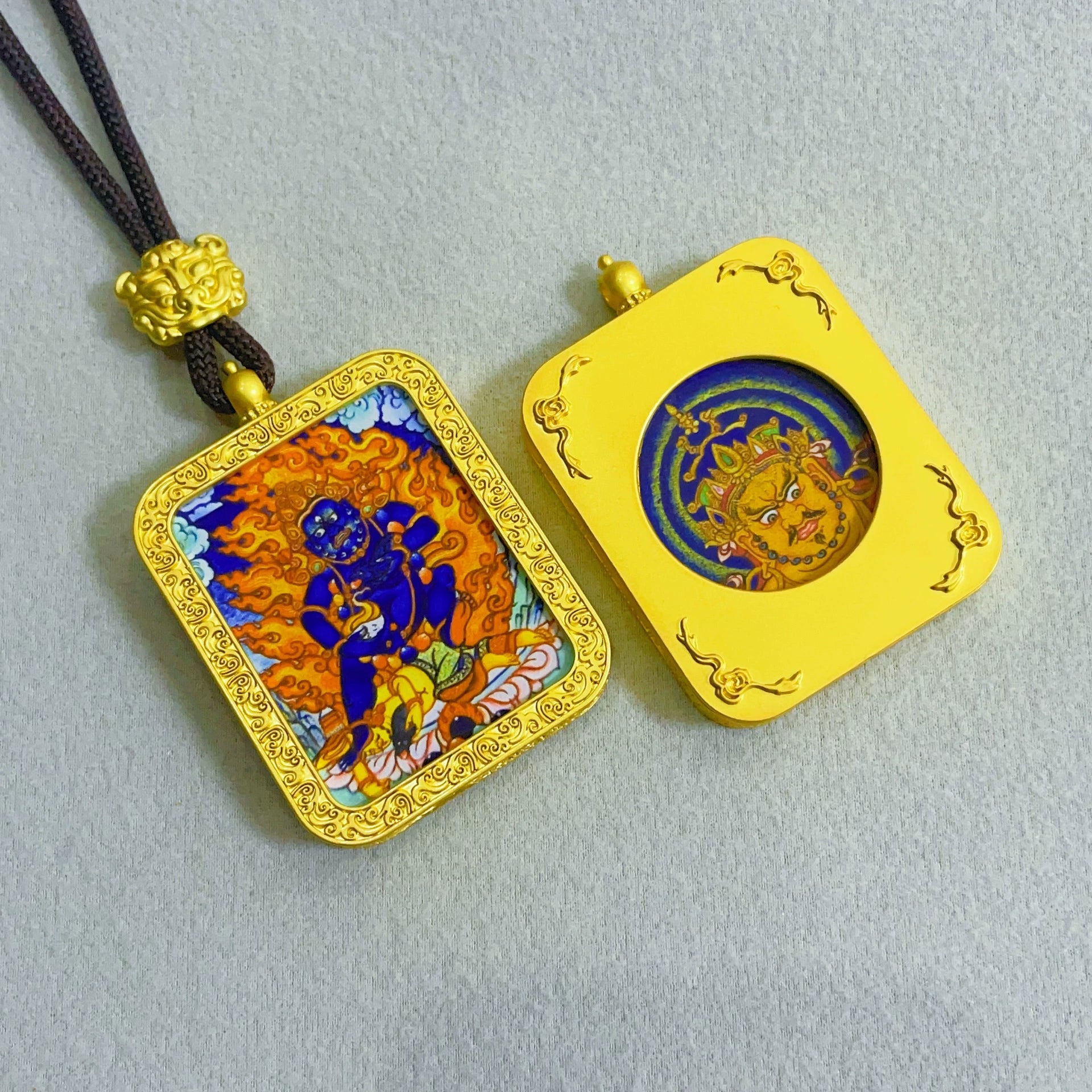 Black Jambhala (God of Wealth) - Reversible Handmade Thangka Amulet Pendant (Golden Edition)
