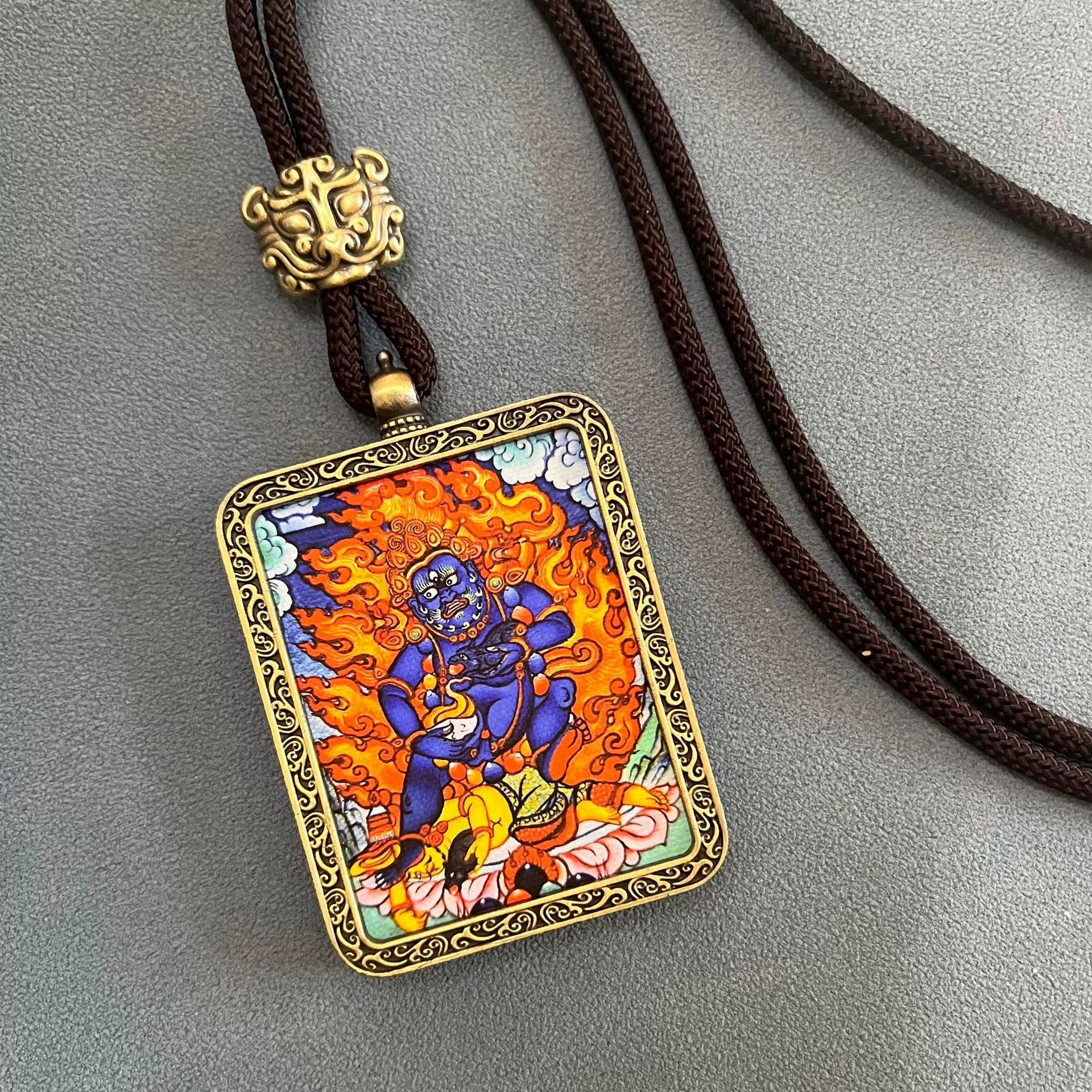 Black Jambhala (God of Wealth) - Handmade Tibetan Thangka Amulet Pendant (Antique Bronze)