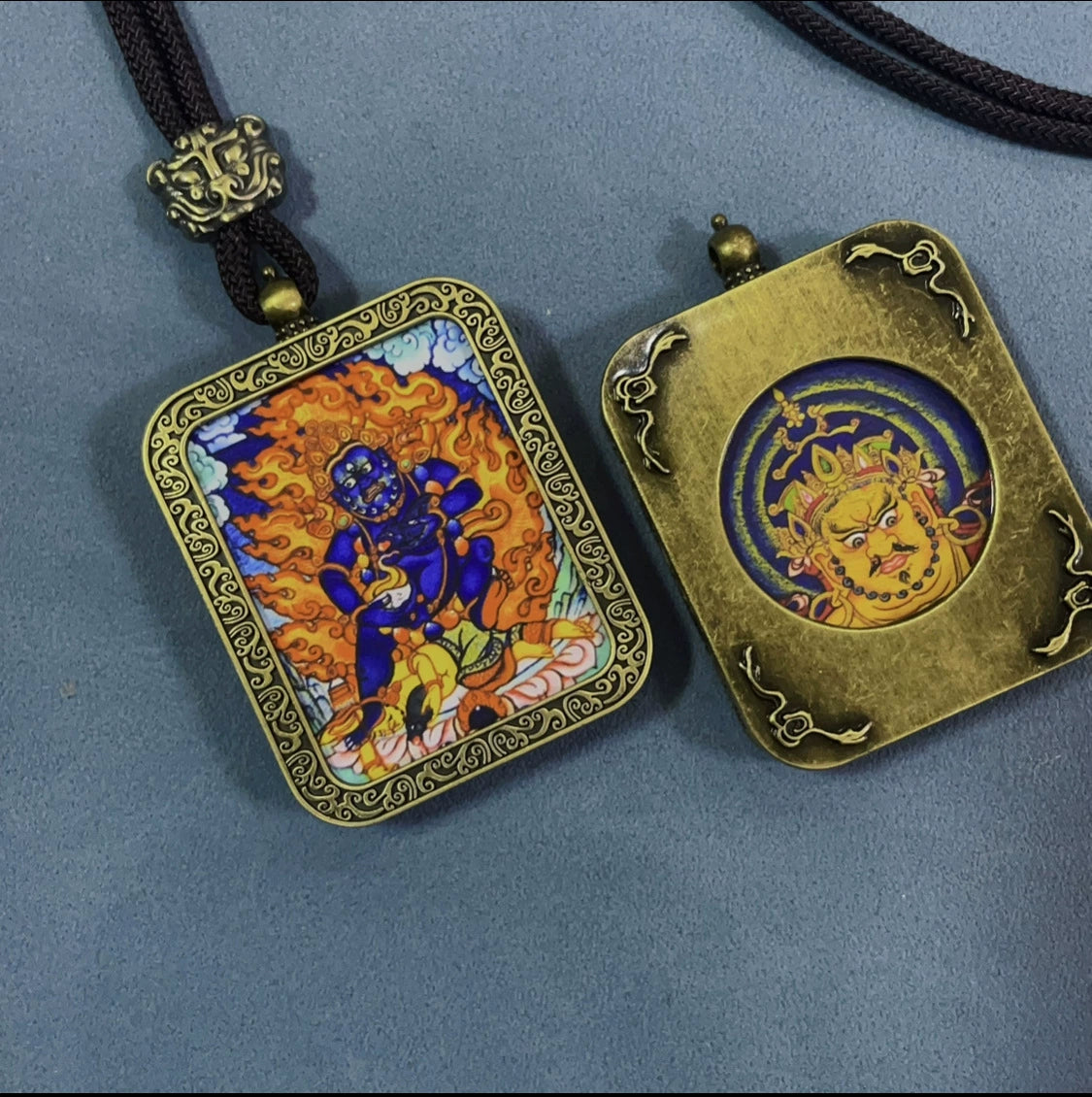 Black Jambhala (God of Wealth) - Handmade Tibetan Thangka Amulet Pendant (Antique Bronze)