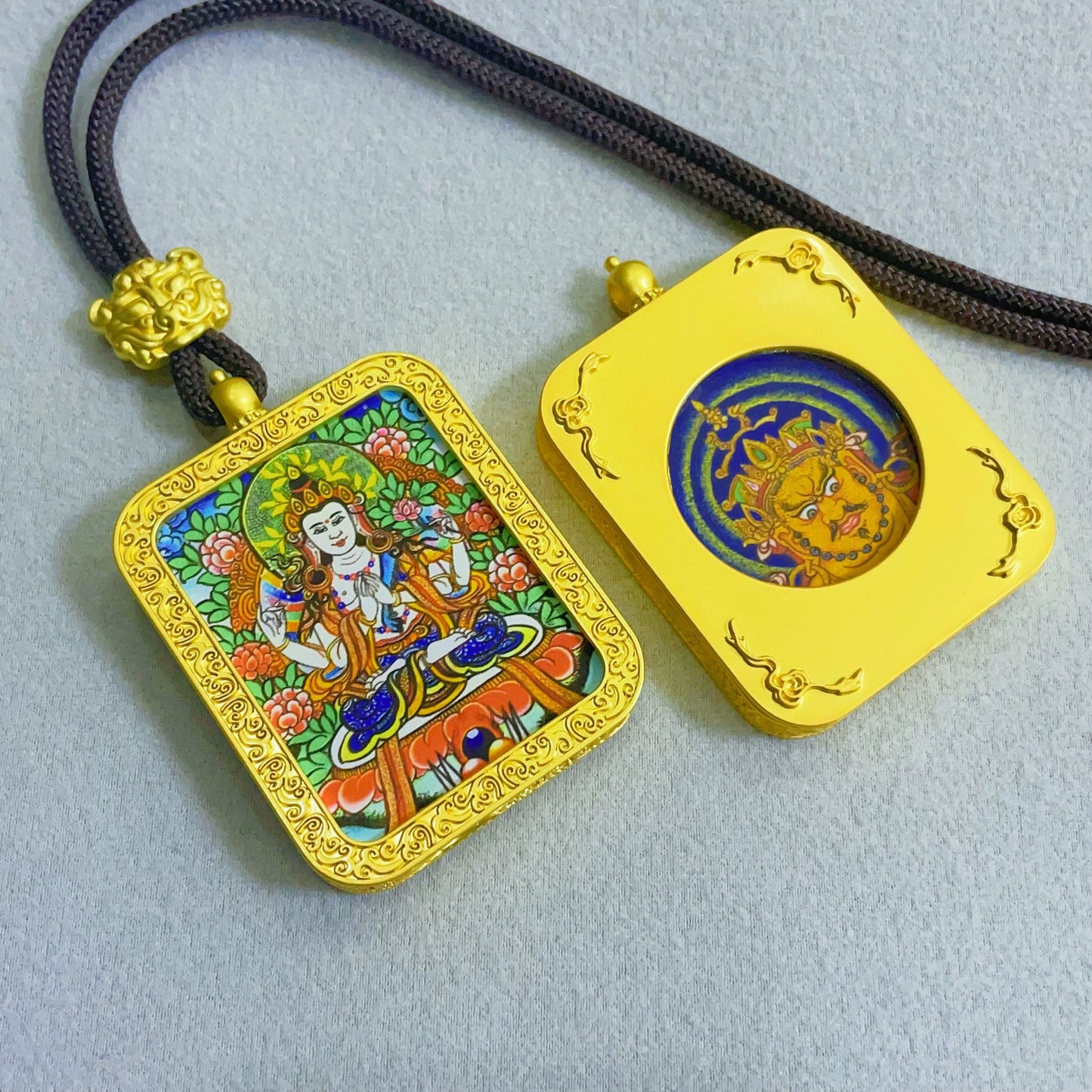 Four-Armed Avalokiteshvara - Reversible Handmade Thangka Amulet Pendant (Golden Edition)