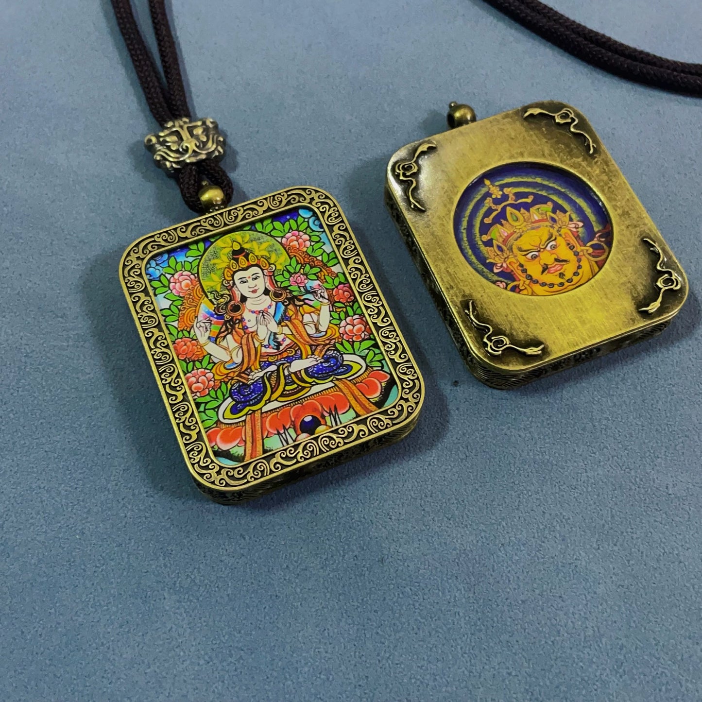 Four-Armed Avalokiteshvara - Handmade Tibetan Thangka Amulet Pendant (Antique Bronze)