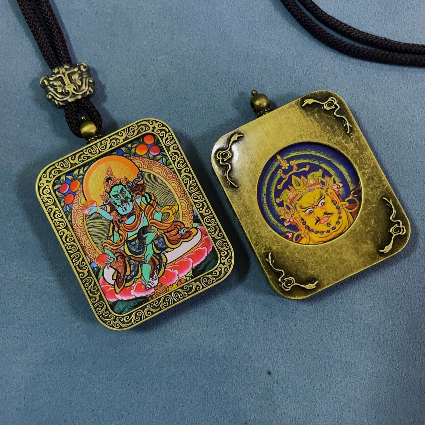 Green Jambhala (God of Wealth) - Handmade Tibetan Thangka Amulet Pendant (Antique Bronze)