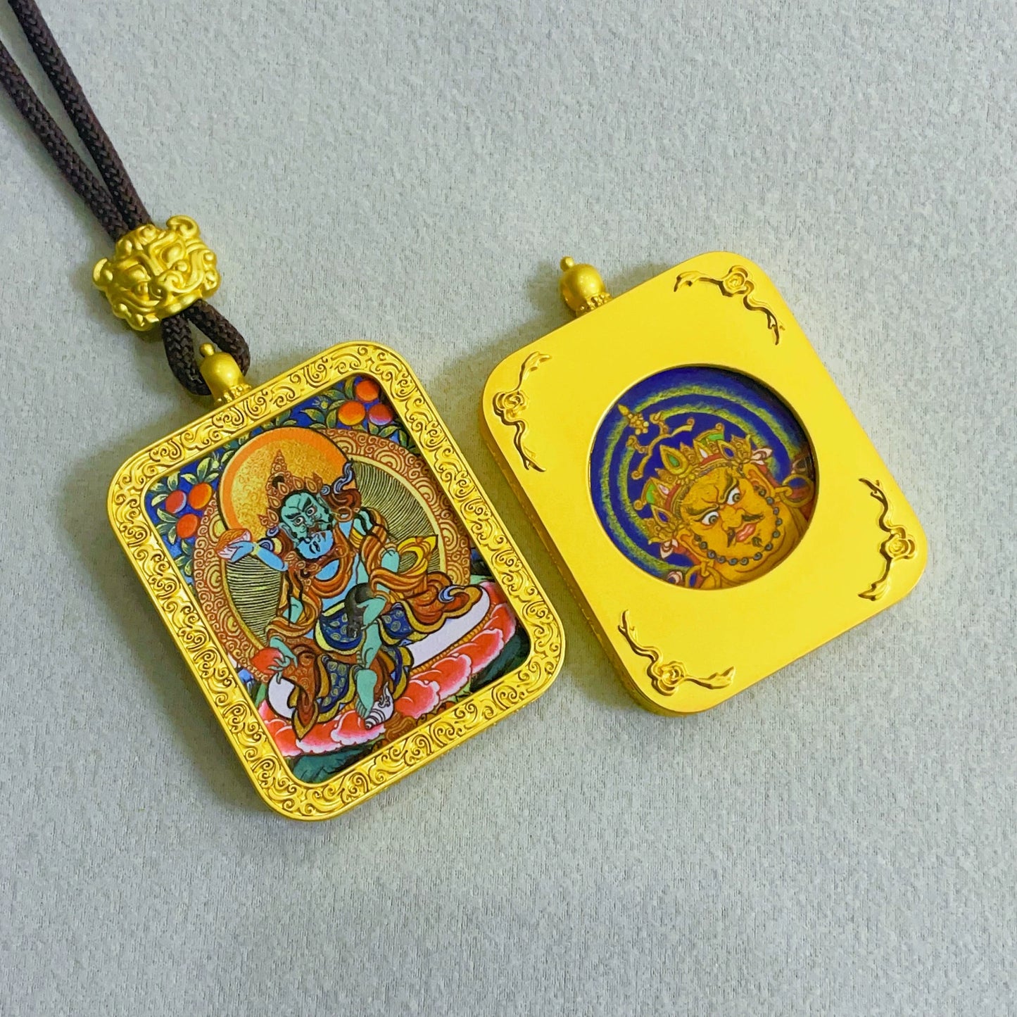 Green Jambhala (God of Wealth) - Reversible Handmade Thangka Amulet Pendant (Golden Edition)