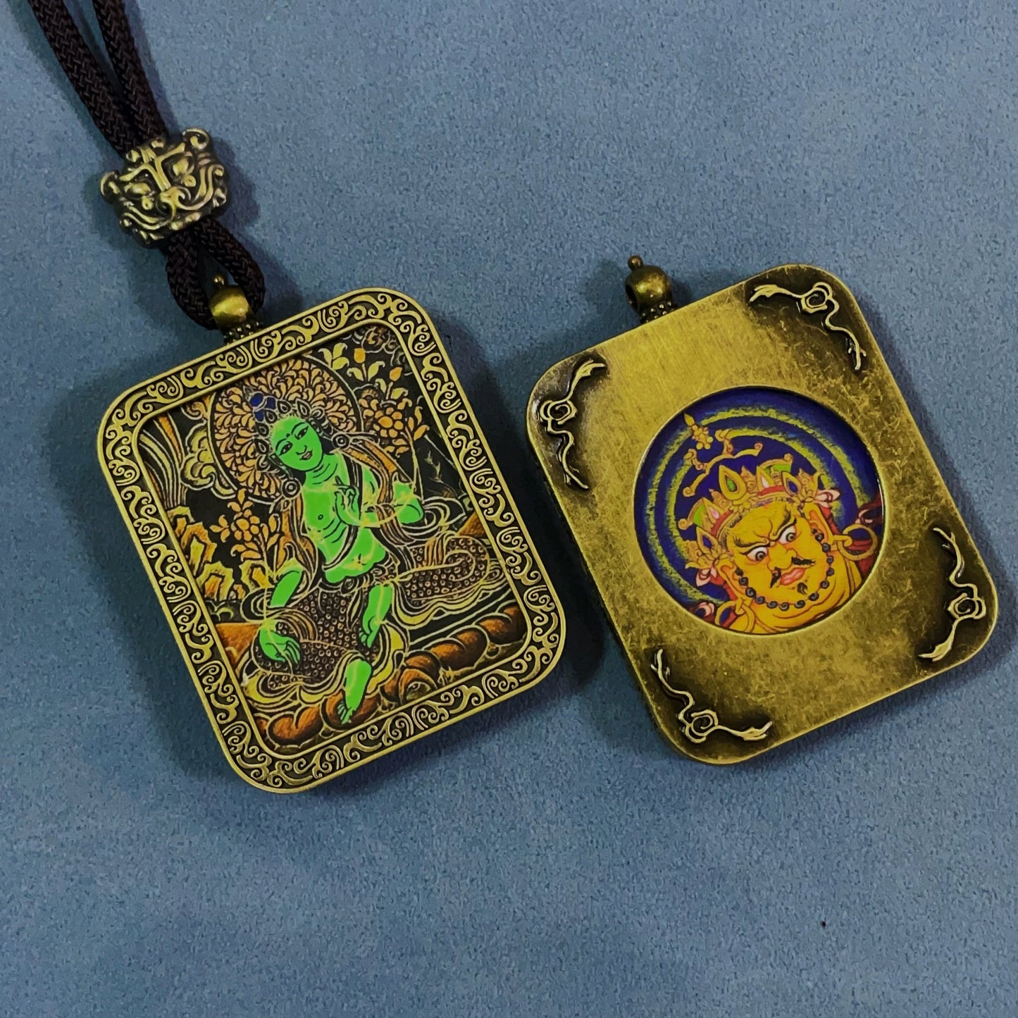 Green Tara - Handmade Tibetan Thangka Amulet Pendant (Antique Bronze)