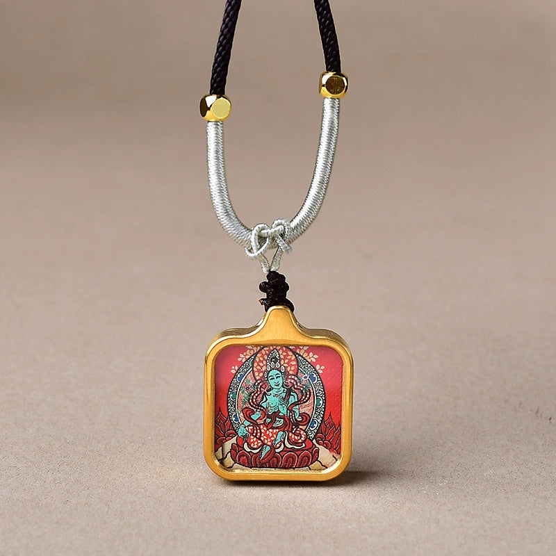 Green Tara - Mini Gold-Tone Titanium Thangka Pendant