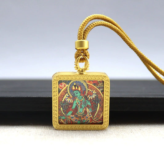 Green Tara - Mini Square Gold Tibetan Thangka Pendant – Sacred Protection Amulet (Gold-Leaf Decorated)
