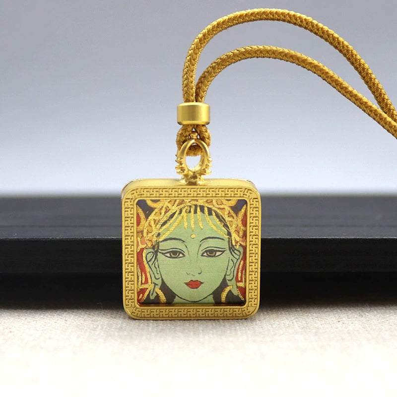 Green Tara - Mini Square Gold Tibetan Thangka Pendant – Sacred Protection Amulet (Gold-Leaf Decorated)