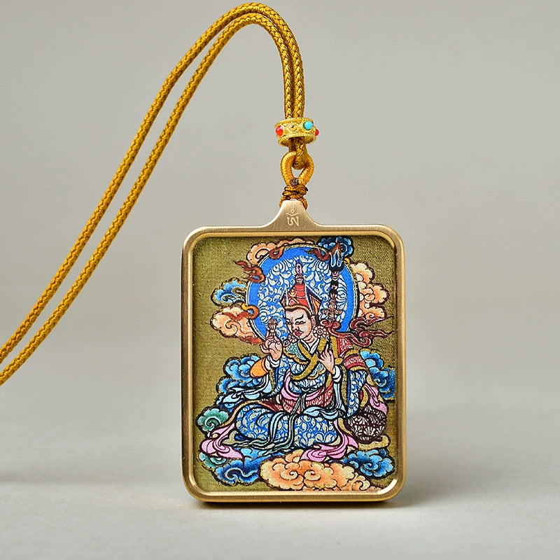 Guru Rinpoche (Padmasambhava) - Luxury Gold-Tone Titanium Thangka Amulet Pendant (Gold-Leaf Decorated)