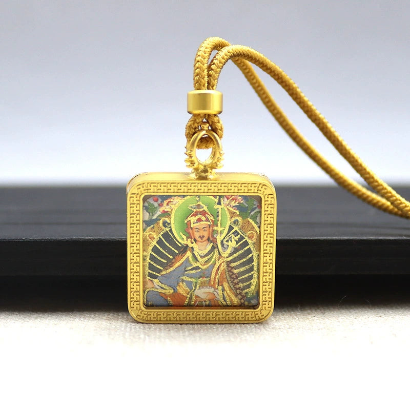 Guru Rinpoche (Padmasambhava) - Mini Square Gold Tibetan Thangka Pendant – Sacred Protection Amulet (Gold-Leaf Decorated)