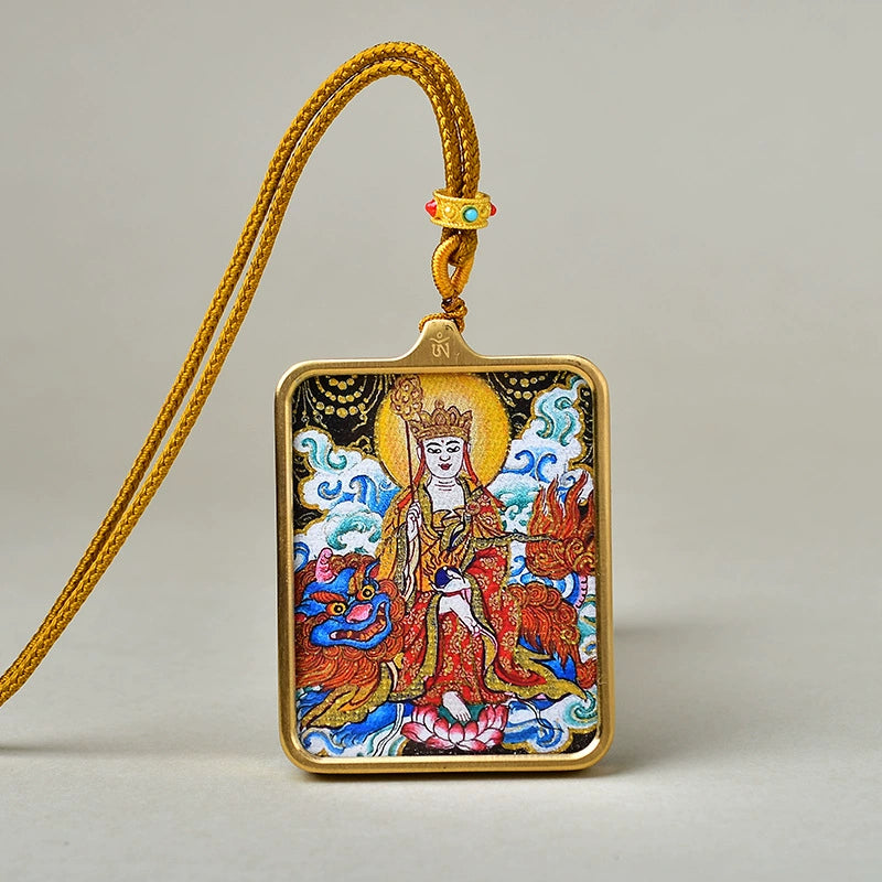 Ksitigarbha Bodhisattva - Luxury Gold-Tone Titanium Thangka Amulet Pendant (Gold-Leaf Decorated)