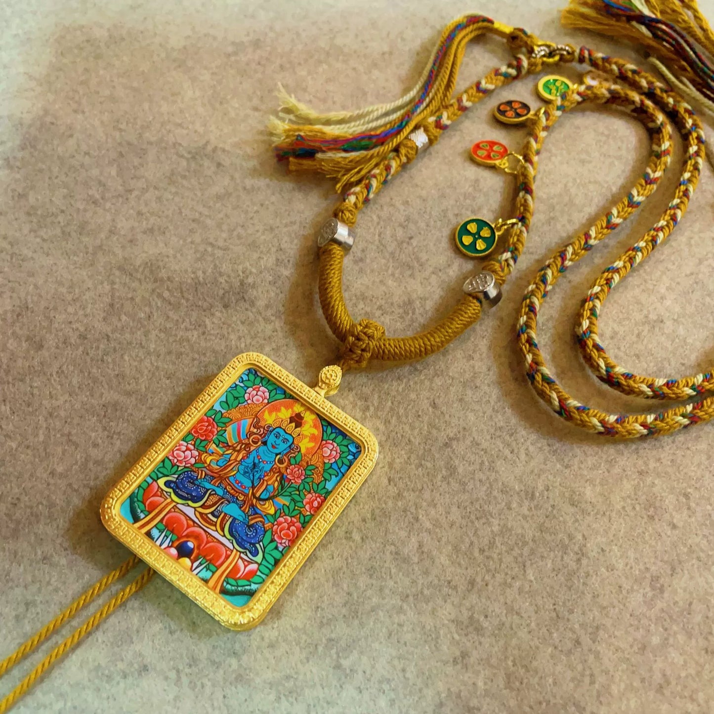 Mahasthamaprapta Bodhisattva - Handcrafted Gold Tibetan Thangka Necklace with Soft Yarn Cord