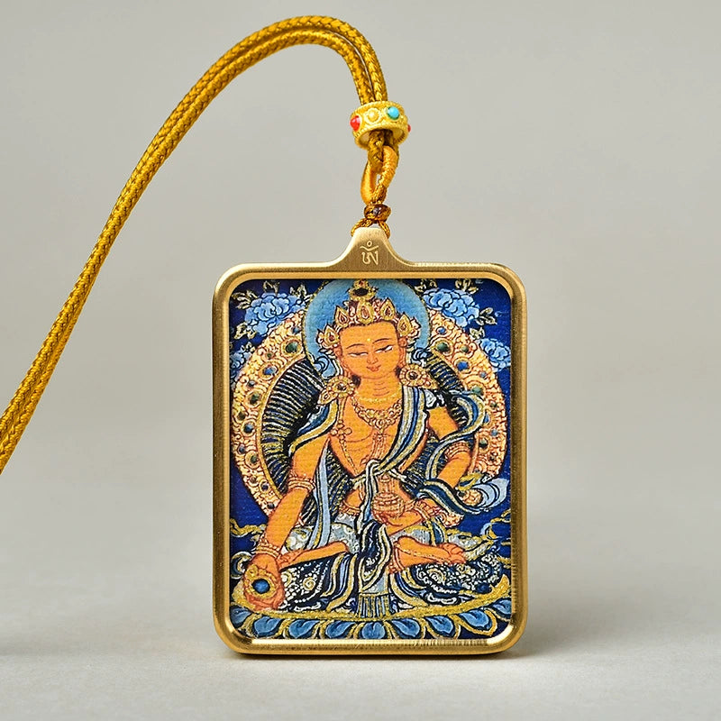 Mahasthamaprapta Bodhisattva - Luxury Gold-Tone Titanium Thangka Amulet Pendant (Gold-Leaf Decorated)