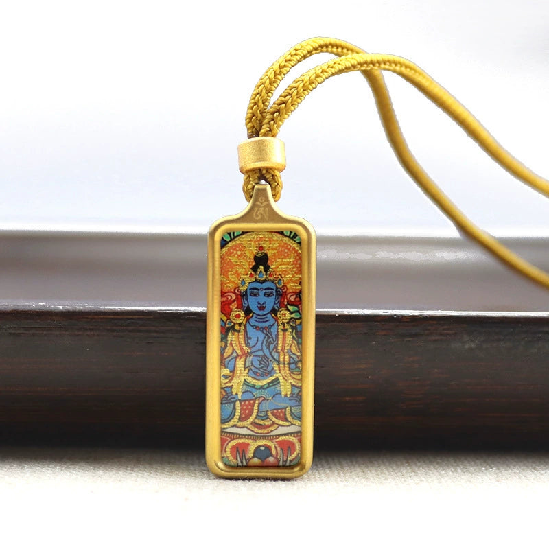 Mahasthamaprapta Bodhisattva - Mini Rectangular Gold Tibetan Thangka Pendant – Sacred Protection Amulet (Gold-Leaf Decorated)