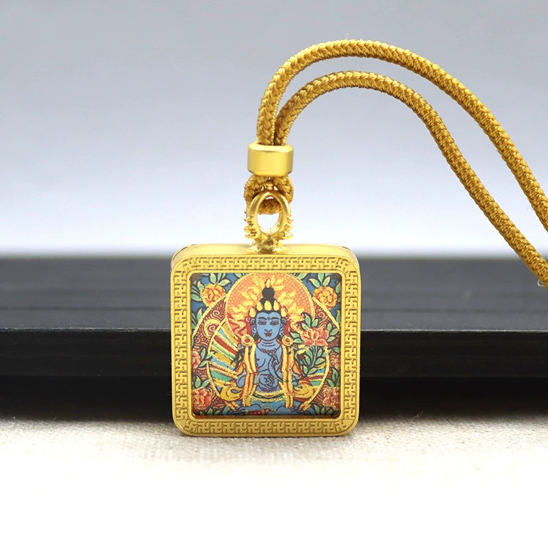Mahasthamaprapta Bodhisattva - Mini Square Gold Tibetan Thangka Pendant – Sacred Protection Amulet (Gold-Leaf Decorated)