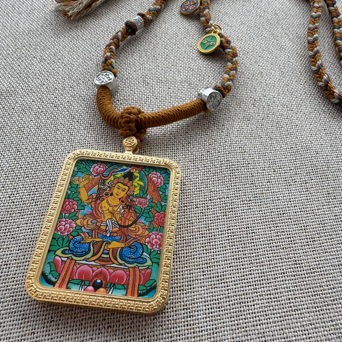 Manjushri Bodhisattva - Handcrafted Gold Tibetan Thangka Necklace with Soft Yarn Cord