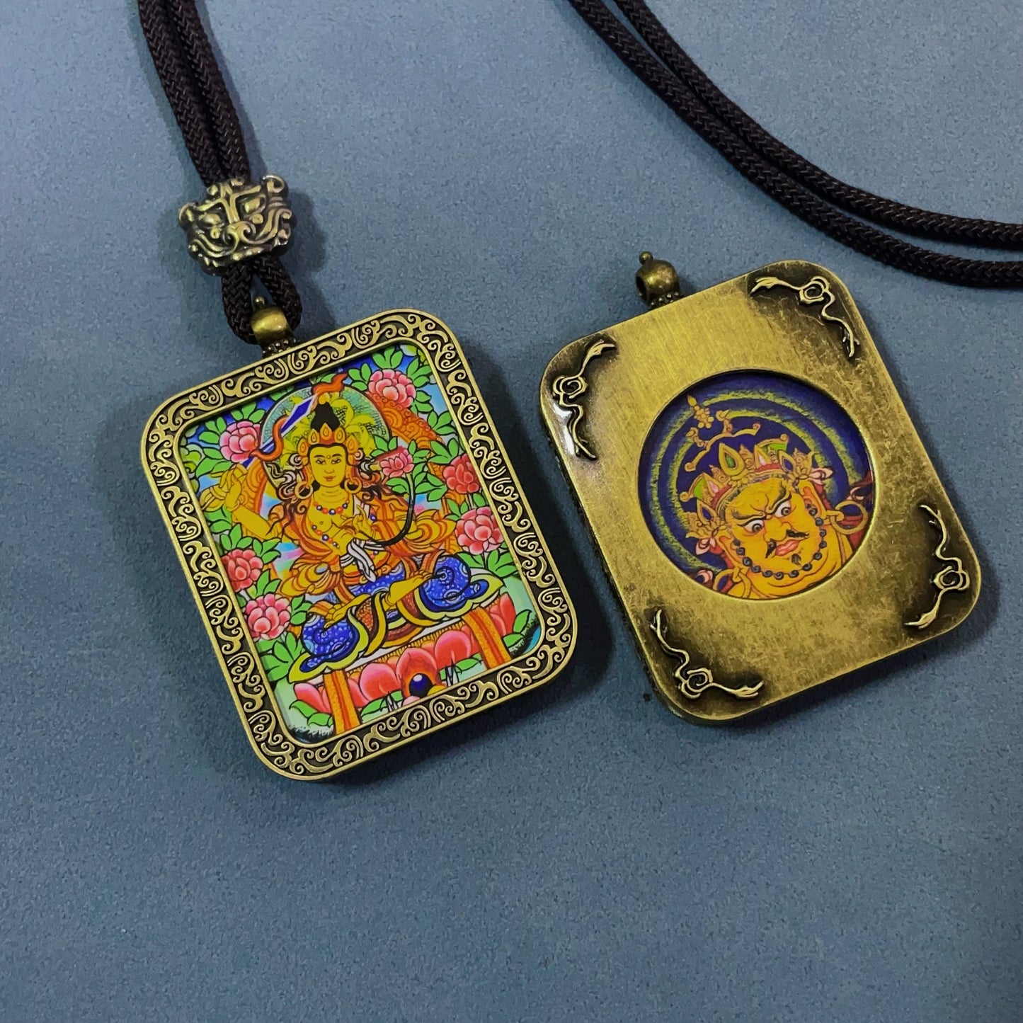 Manjushri Bodhisattva - Handmade Tibetan Thangka Amulet Pendant (Antique Bronze)