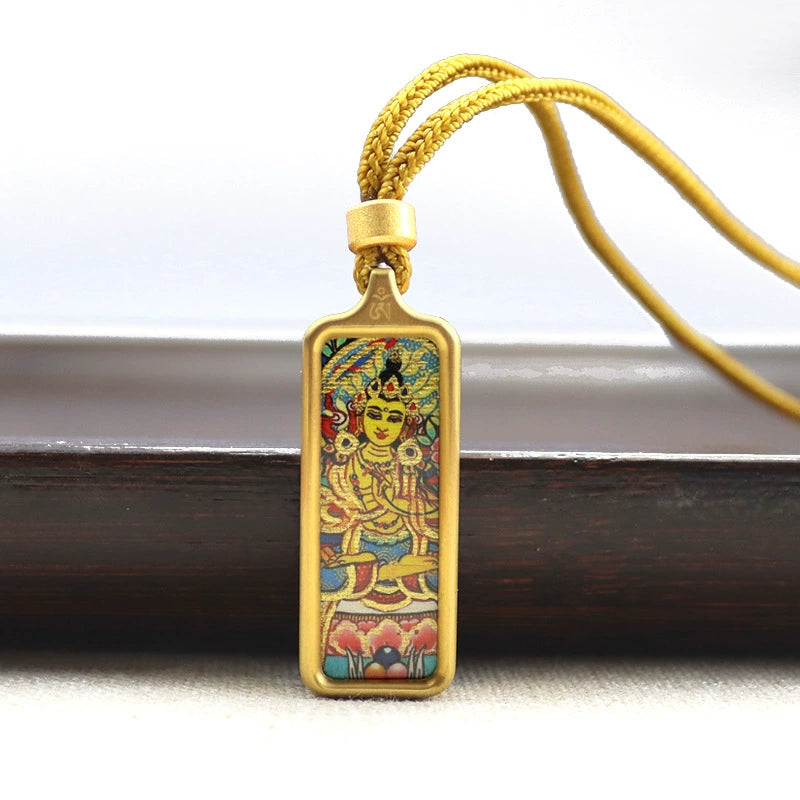 Manjushri Bodhisattva - Mini Rectangular Gold Tibetan Thangka Pendant – Sacred Protection Amulet (Gold-Leaf Decorated)
