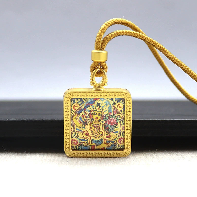 Manjushri Bodhisattva - Mini Square Gold Tibetan Thangka Pendant – Sacred Protection Amulet (Gold-Leaf Decorated)