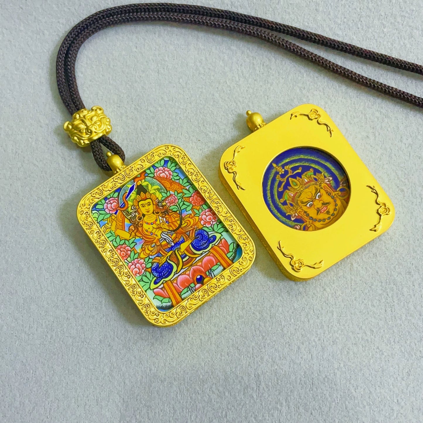 Manjushri Bodhisattva - Reversible Handmade Thangka Amulet Pendant (Golden Edition)