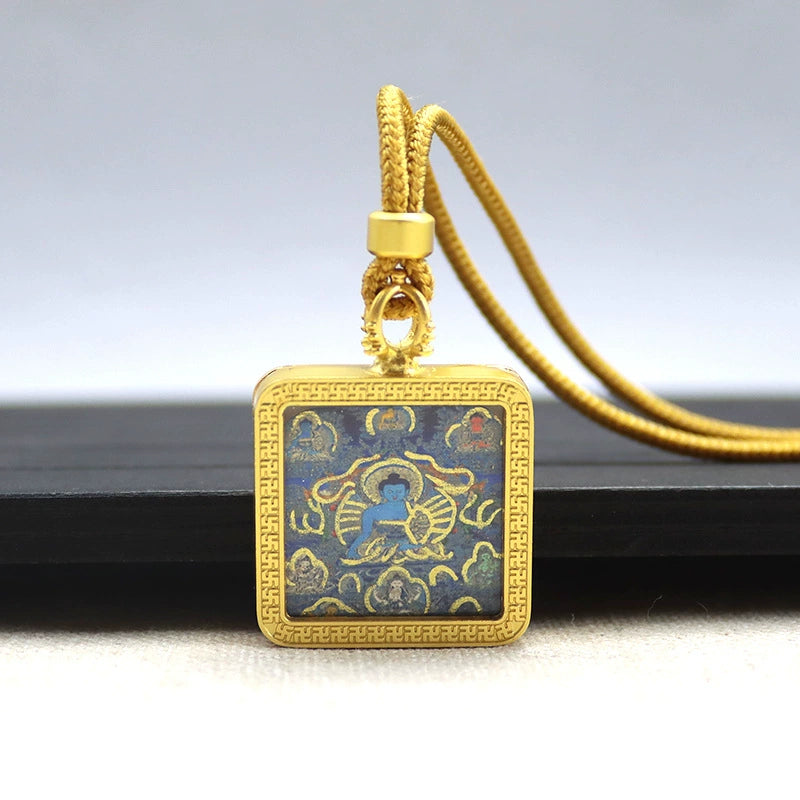 Medicine Buddha - Mini Square Gold Tibetan Thangka Pendant – Sacred Protection Amulet (Gold-Leaf Decorated)