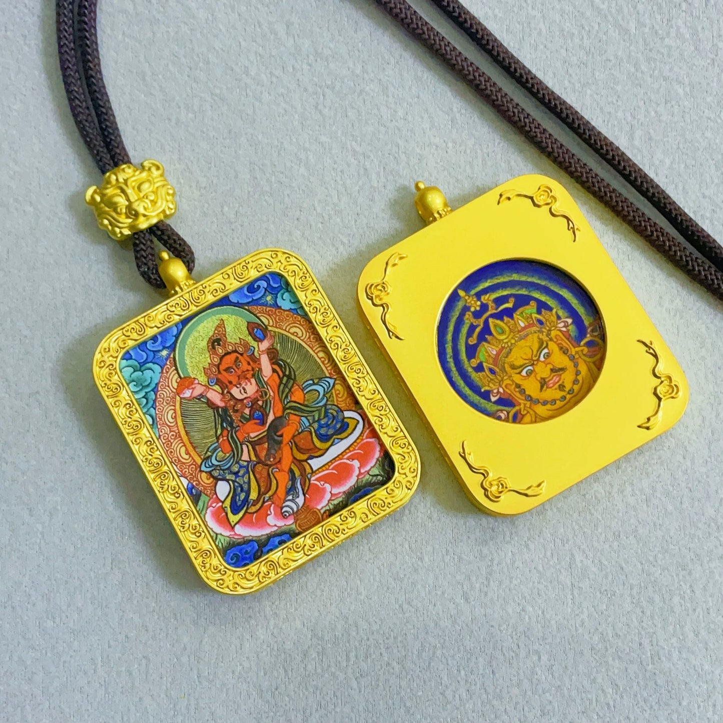 Red Jambhala (God of Wealth) - Reversible Handmade Thangka Amulet Pendant (Golden Edition)