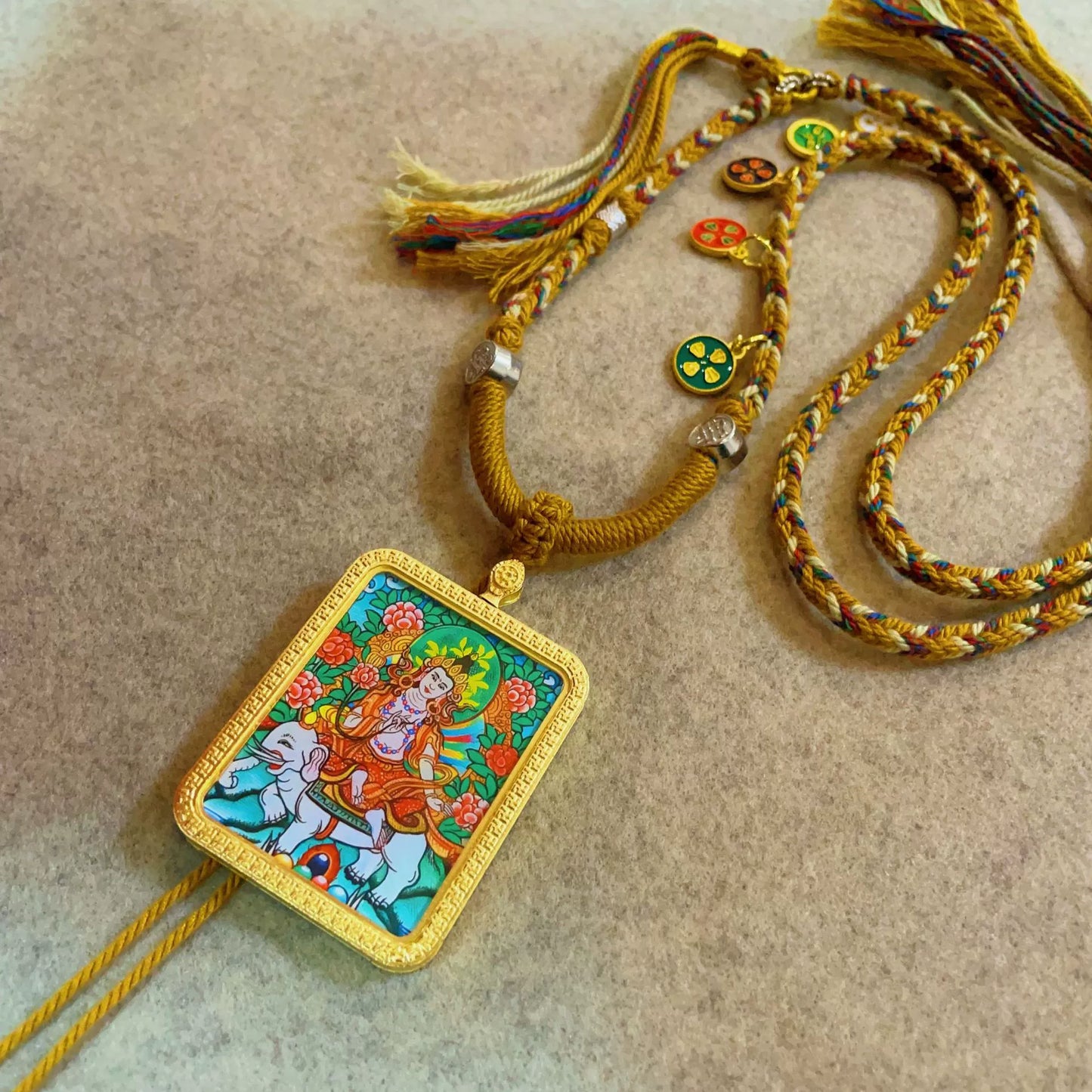 Samantabhadra Bodhisattva - Handcrafted Gold Tibetan Thangka Necklace with Soft Yarn Cord