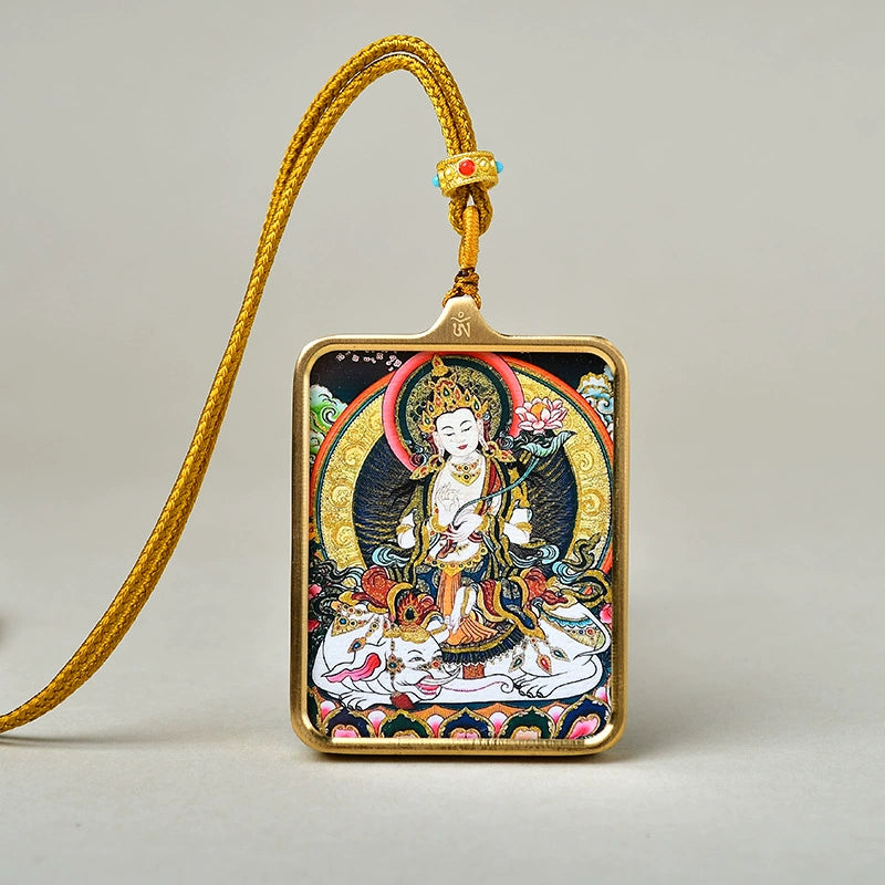 Samantabhadra Bodhisattva - Luxury Gold-Tone Titanium Thangka Amulet Pendant (Gold-Leaf Decorated)