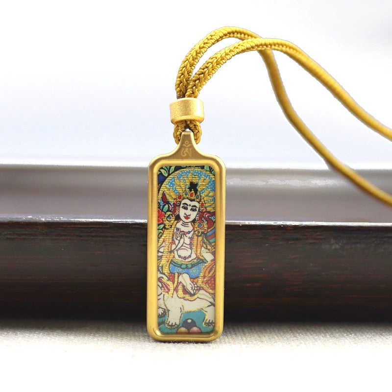 Samantabhadra Bodhisattva - Mini Rectangular Gold Tibetan Thangka Pendant – Sacred Protection Amulet (Gold-Leaf Decorated)