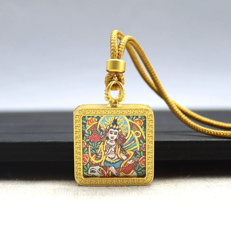 Samantabhadra Bodhisattva - Mini Square Gold Tibetan Thangka Pendant – Sacred Protection Amulet (Gold-Leaf Decorated)