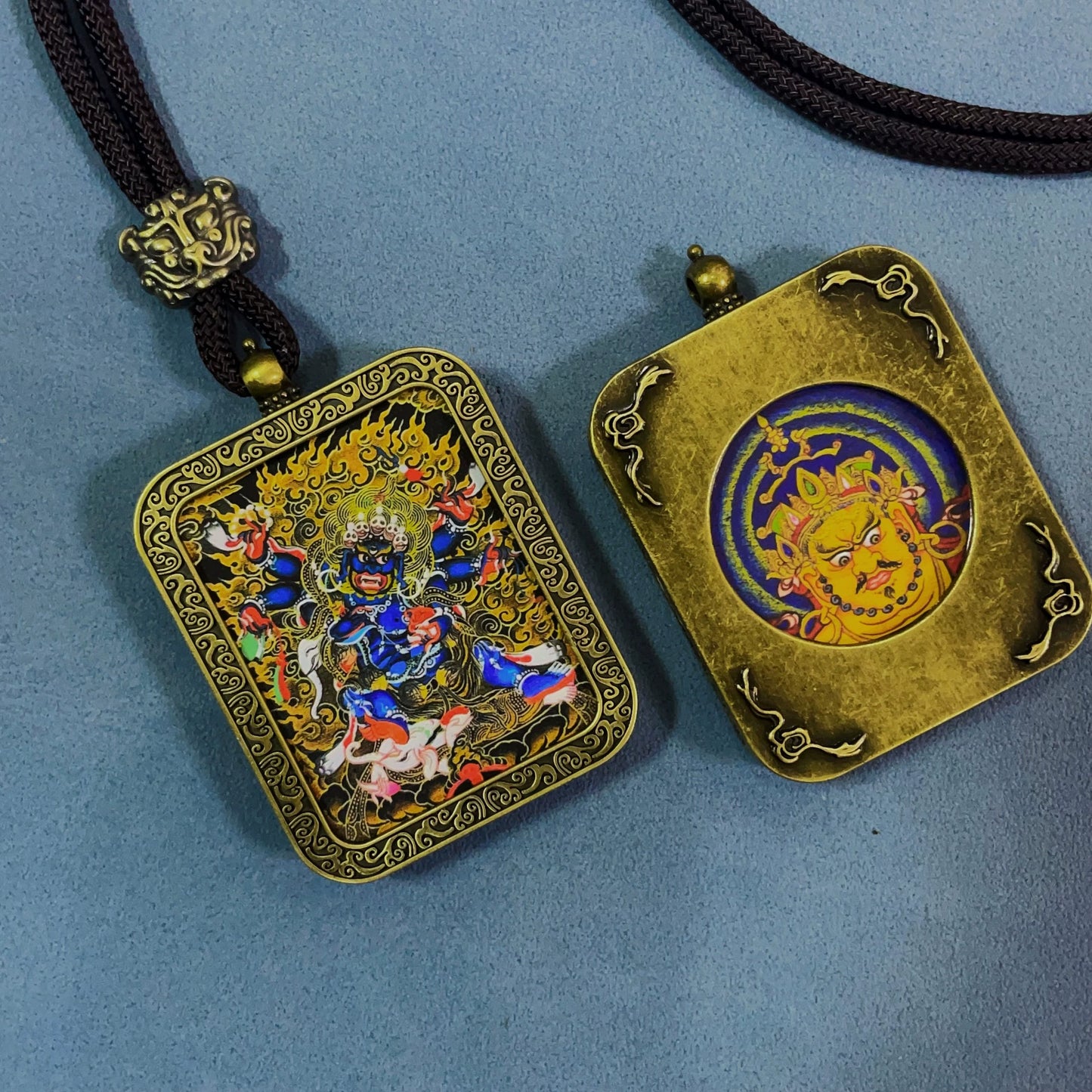 Six-Armed Mahakala - Handmade Tibetan Thangka Amulet Pendant (Antique Bronze)