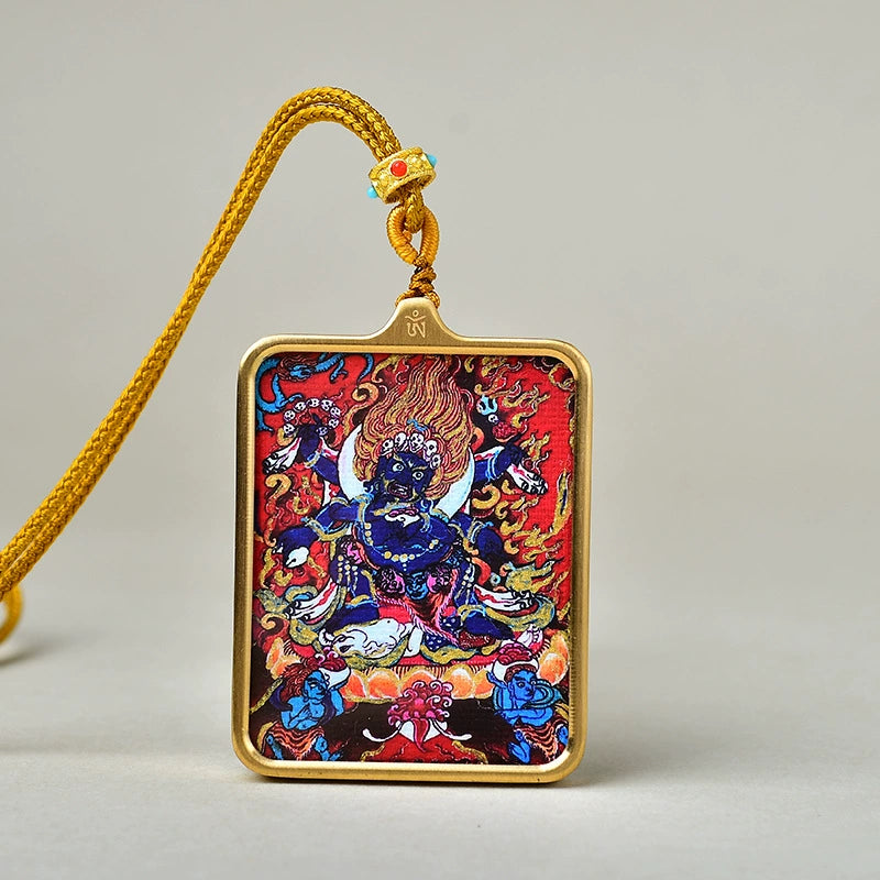 Six-Armed Mahakala - Luxury Gold-Tone Titanium Thangka Amulet Pendant (Gold-Leaf Decorated)