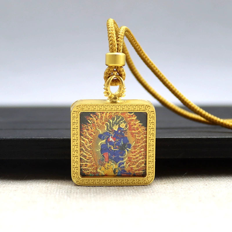Six-Armed Mahakala - Mini Square Gold Tibetan Thangka Pendant – Sacred Protection Amulet (Gold-Leaf Decorated)