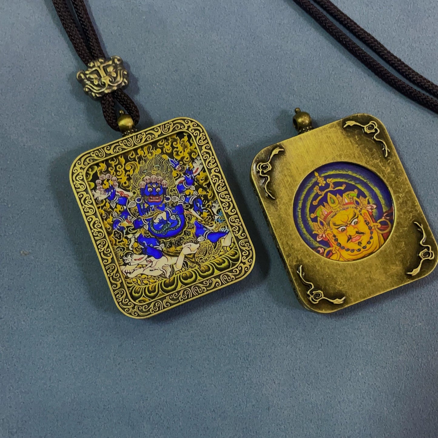 Six-Armed Mahakala (Black-Gold) - Handmade Tibetan Thangka Amulet Pendant (Antique Bronze)