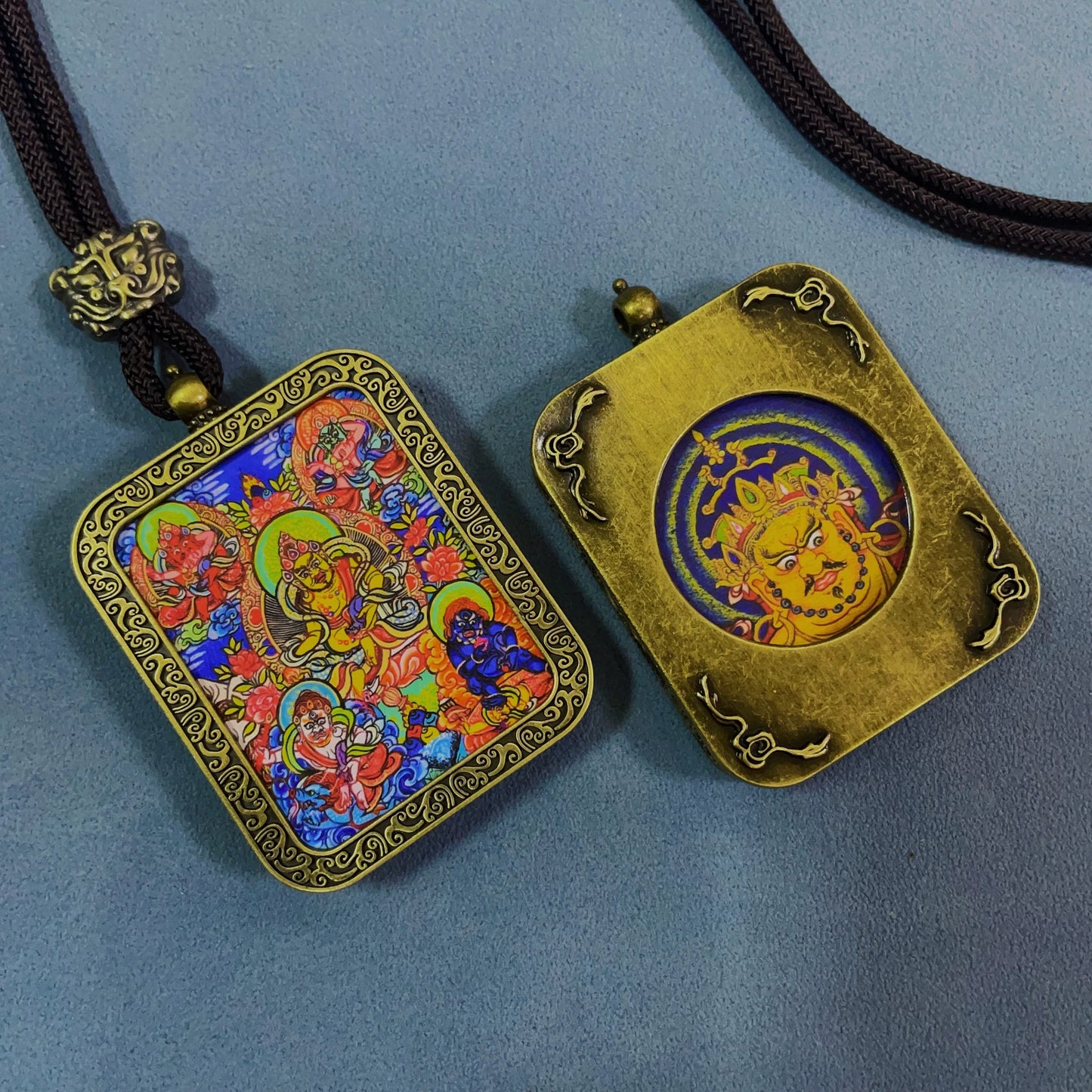 The Five Jambhalas (God of Wealth) - Handmade Tibetan Thangka Amulet Pendant (Antique Bronze)