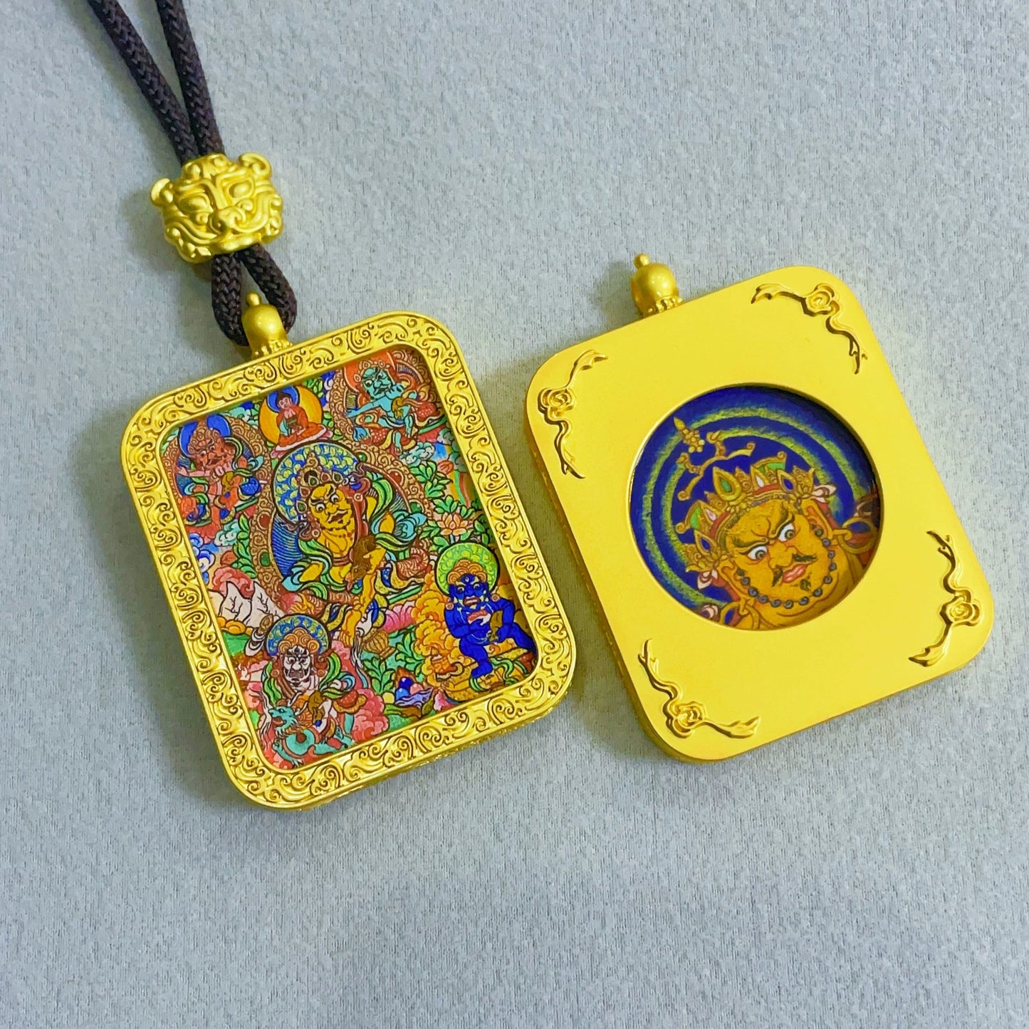 The Five Jambhalas (God of Wealth) - Reversible Handmade Thangka Amulet Pendant (Golden Edition)