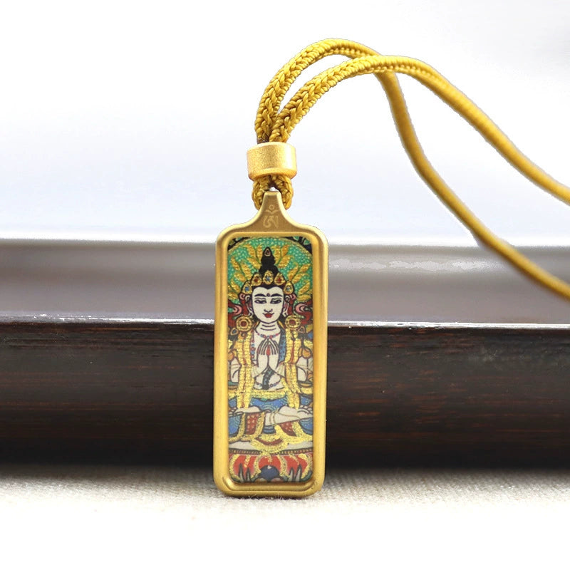 Thousand-Armed Avalokiteshvara - Mini Rectangular Gold Tibetan Thangka Pendant – Sacred Protection Amulet (Gold-Leaf Decorated)